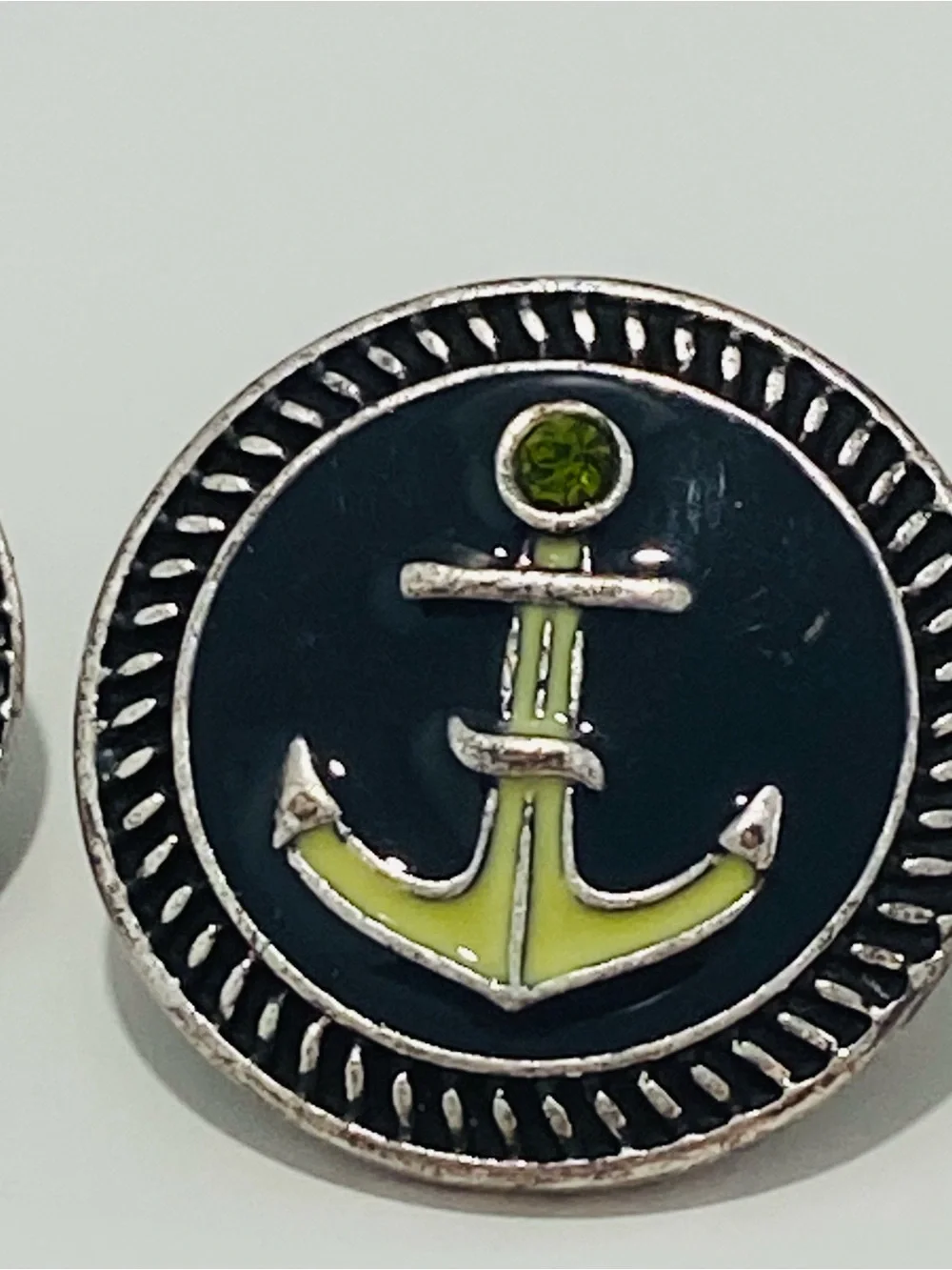 Navy Blue Nautical Green Rhinestone Anchor Post Earrings Textured Rope Border